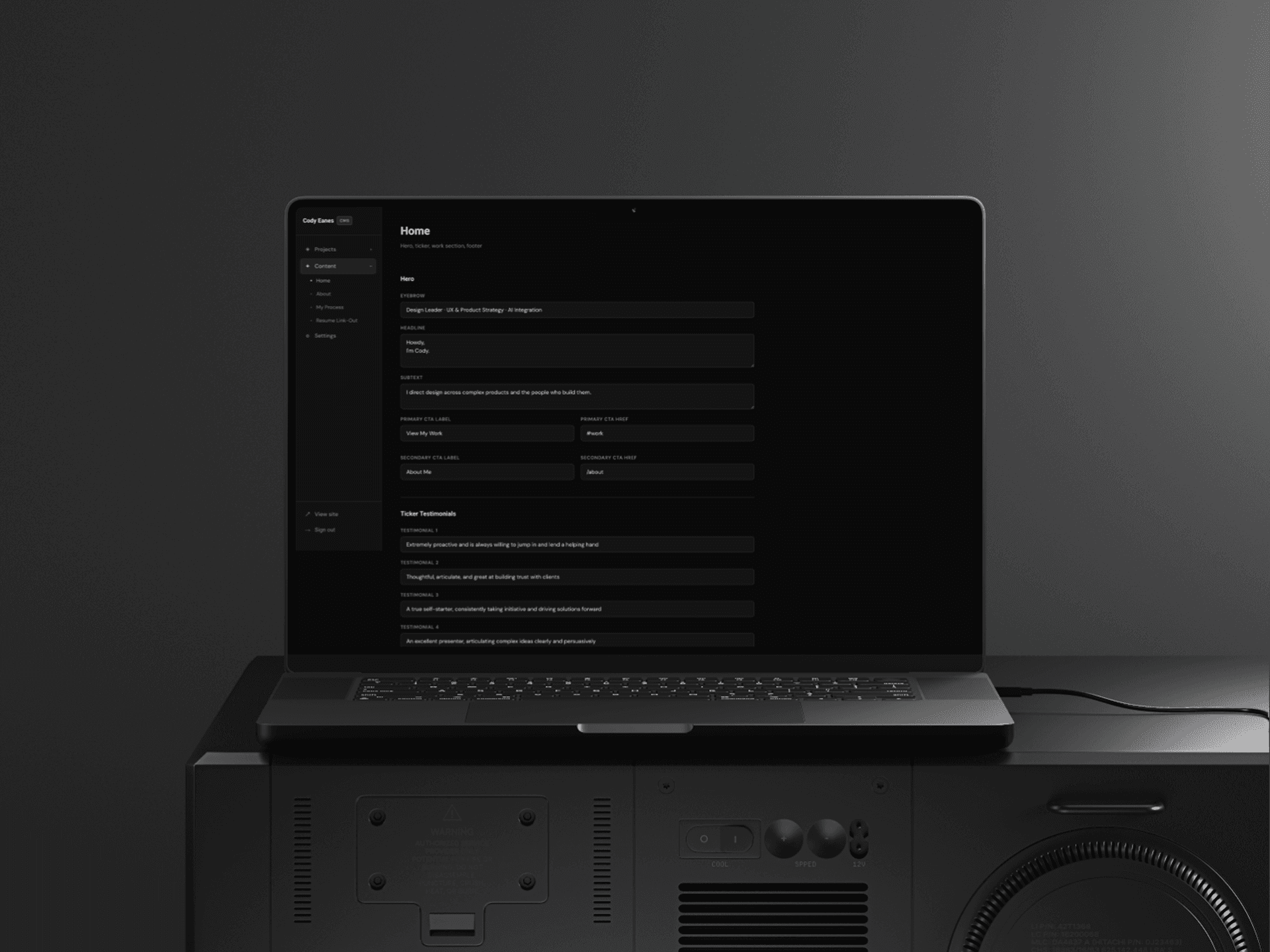 The /admin CMS dashboard — project list and visual section editor